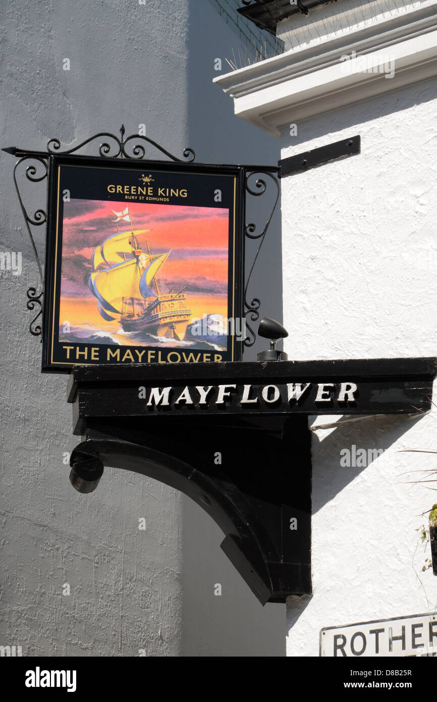 Sign above The Mayflower public house, the oldest pub on the River Thames, Rotherhithe Street, Rotherhithe, London, SE16, UK. Stock Photo