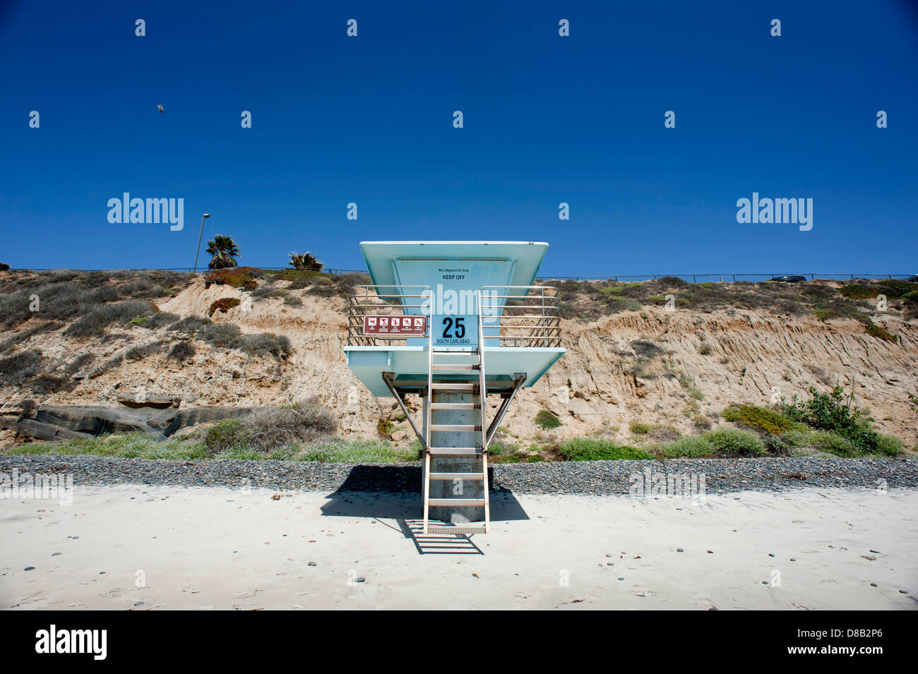 Lifeguard towers on the beach at Carlsbad California Stock Photo