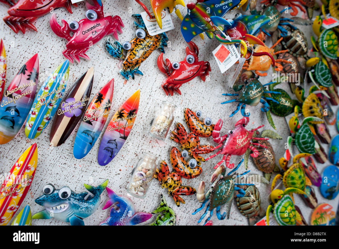 Souvenir pins, or badges, for sale on the pier at Oceanside, southern