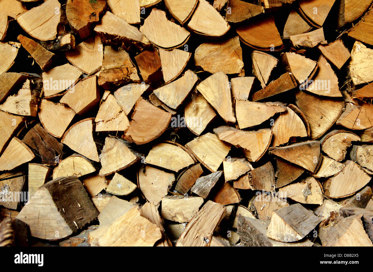 A staple of biomass, arranged firewood. Stock Photo