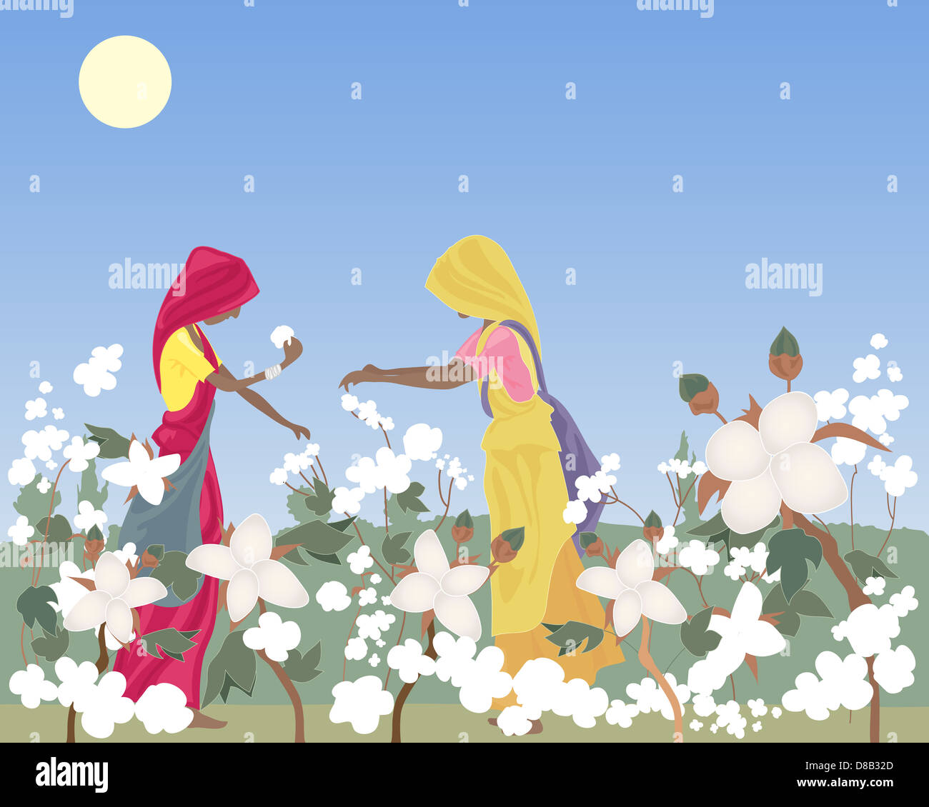 an illustration of two traditionally dressed women laborers in India picking cotton in a field under a hot sun and blue sky Stock Photo