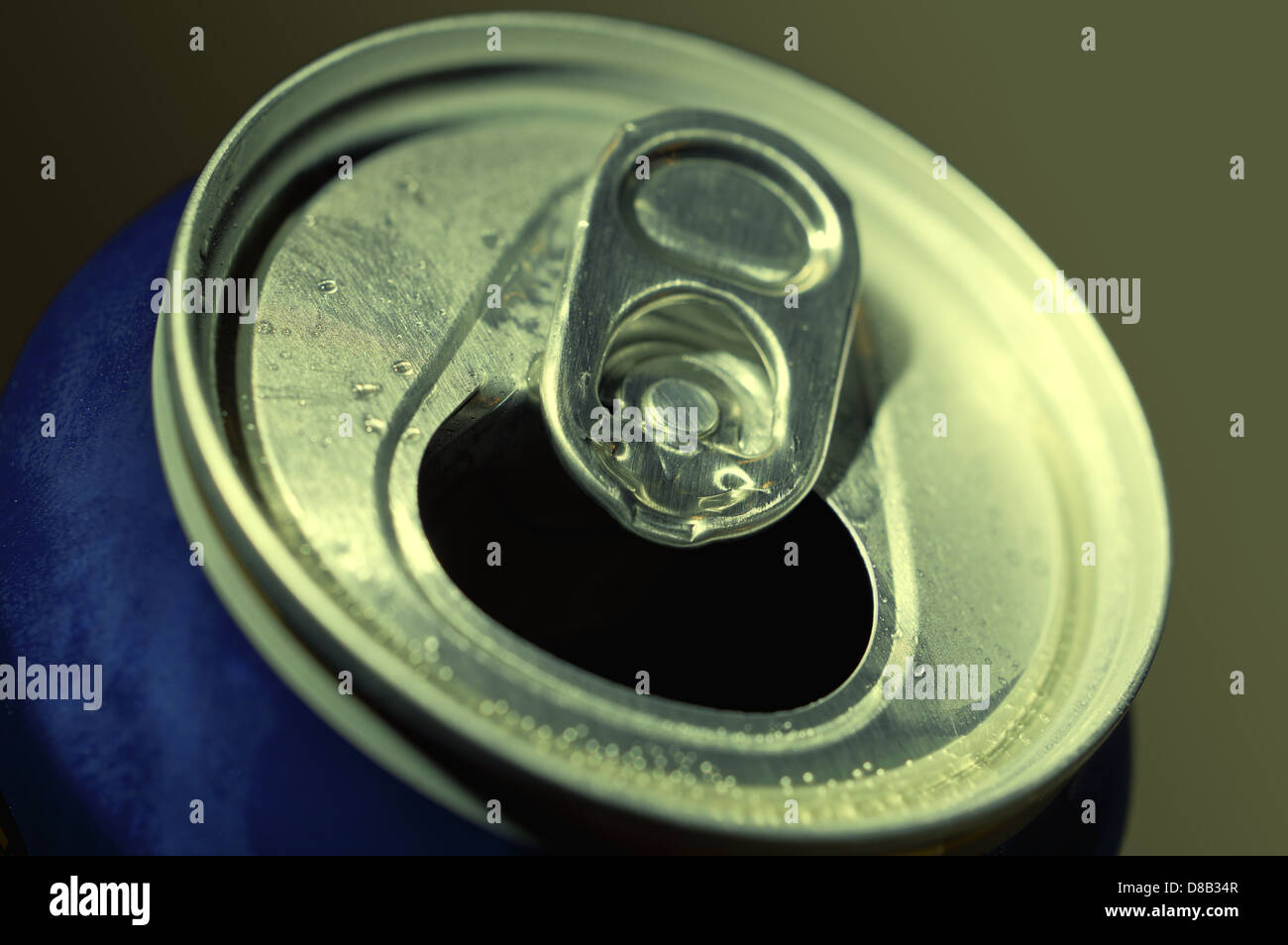 Aluminum beer can with water drops on dark background Stock Photo