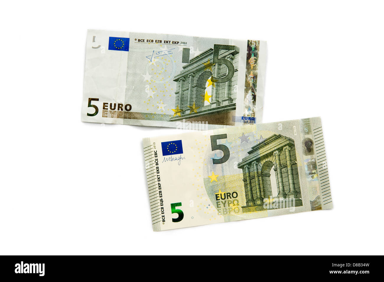 The new 5-euro banknote (under) and the old banknote (above) the newest is released in may 2013 Stock Photo