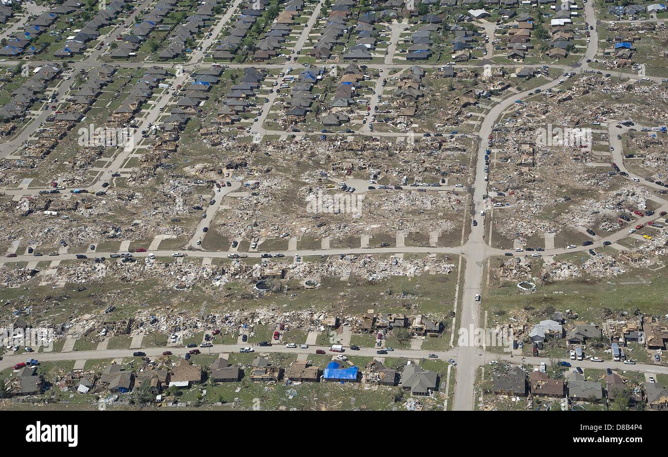 Aerial view of the path of destruction in the aftermath of an EF-5 tornado that destroyed the town May 22, 2013 in Moore, Oklahoma. The massive storm with winds exceeding 200 miles per hour tore through the Oklahoma City suburb May 20, 2013, killing at least 24 people, injuring more than 230 and displacing thousands. Stock Photo