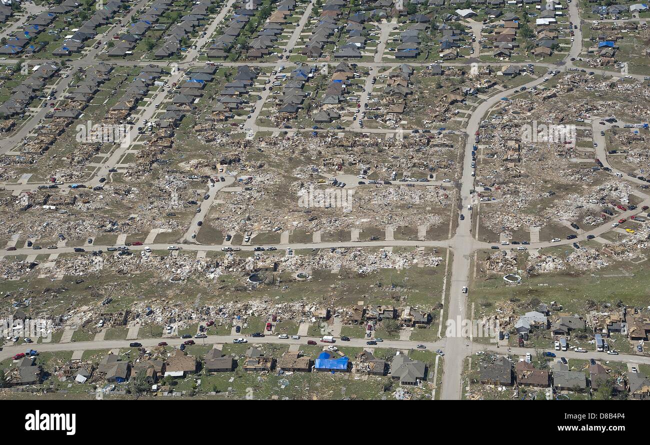 Aerial view of the path of destruction in the aftermath of an EF-5 tornado that destroyed the town May 22, 2013 in Moore, Oklahoma. The massive storm with winds exceeding 200 miles per hour tore through the Oklahoma City suburb May 20, 2013, killing at least 24 people, injuring more than 230 and displacing thousands. Stock Photo
