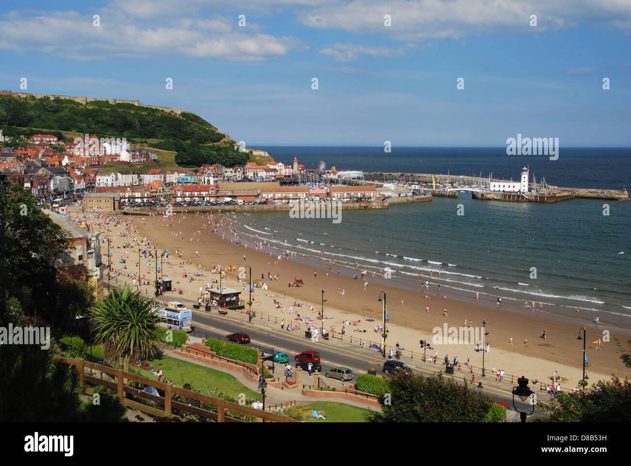 Scarborough beach on a sunny day from above including castle and harbor Stock Photo