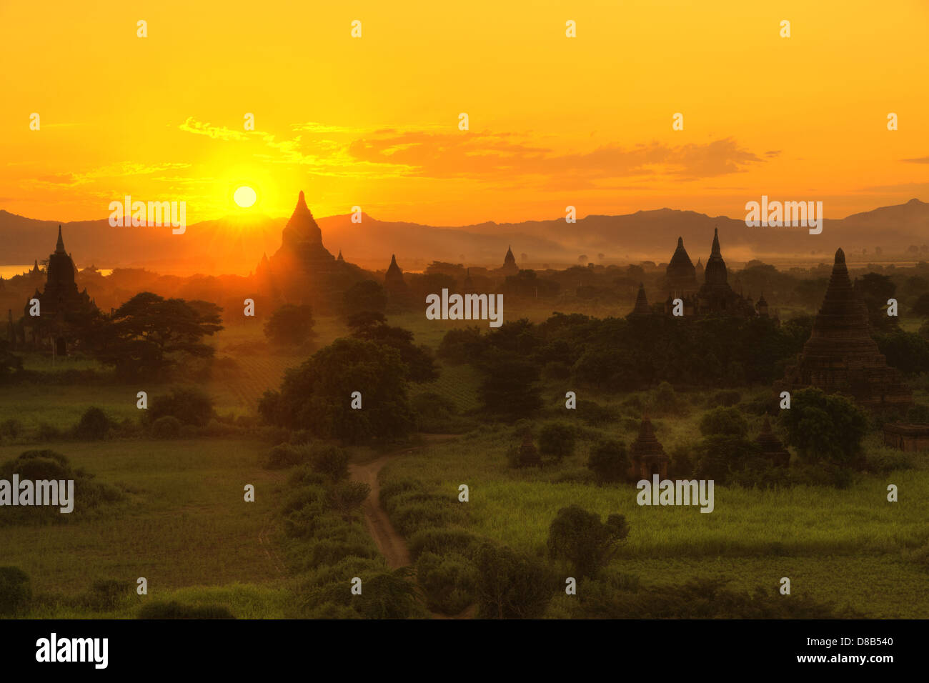 sunset panorama of many Bagan temples and rice fields, Burma Stock Photo