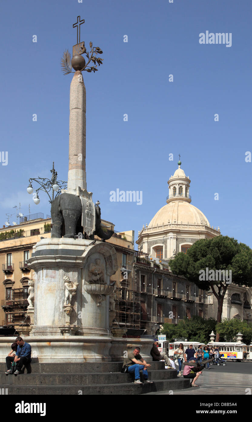 Italy, Sicily, Catania, Elephant Fountain, S. Agata abbey church, Piazza del Duomo, Stock Photo