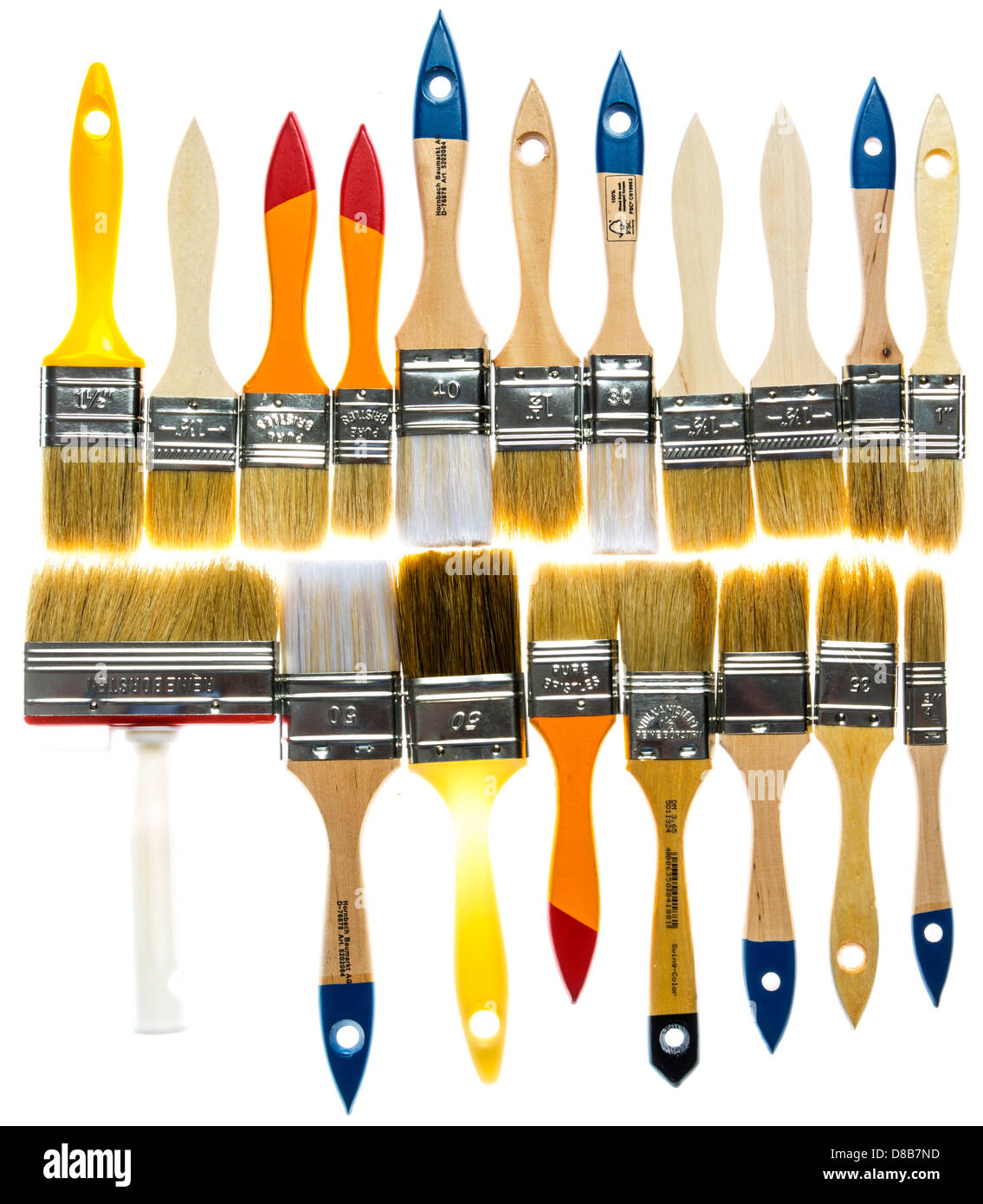 Different types of paintbrushes, colors, painting tools. Stock Photo