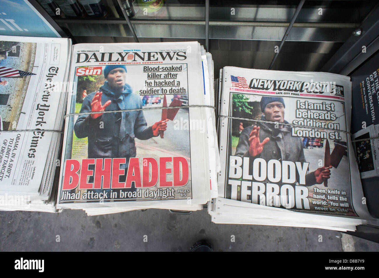 Front pages report on the previous days murder of a British soldier on the street in London Stock Photo