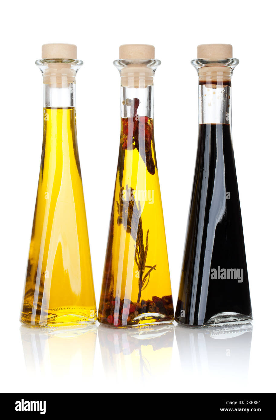 Olive oil and vinegar bottles. Isolated on white background Stock Photo