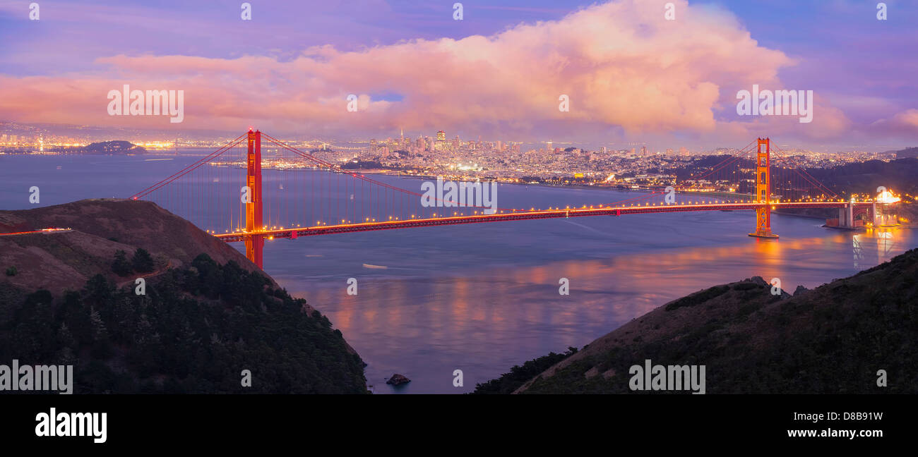 San Francisco Northern California Golden Gate Bridge at Blue Hour with Cumulus Clouds Panorama Stock Photo