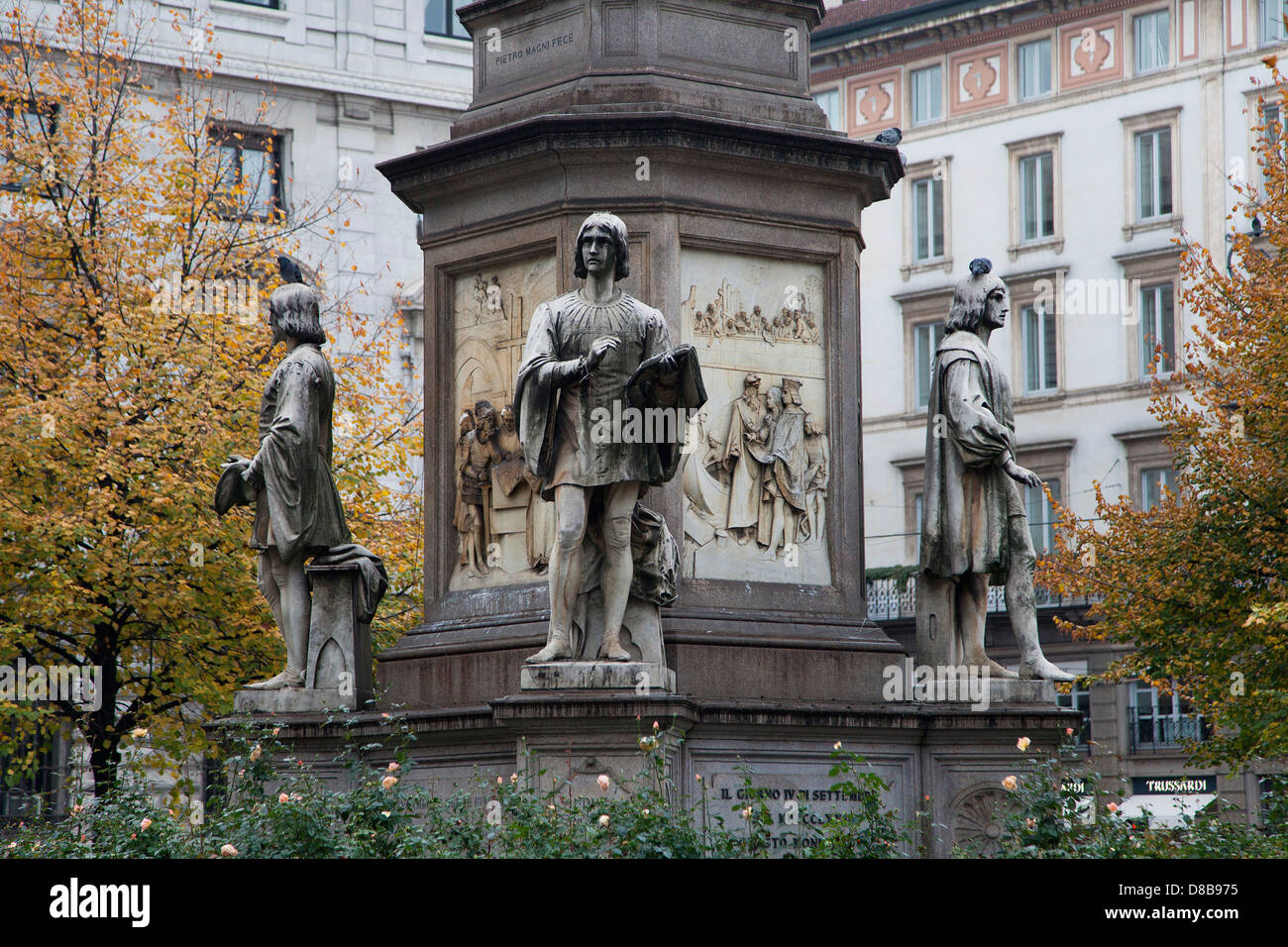 A monument to Leonardo Da Vinci in Piazza Scala in Milan, Italy. Stock Photo