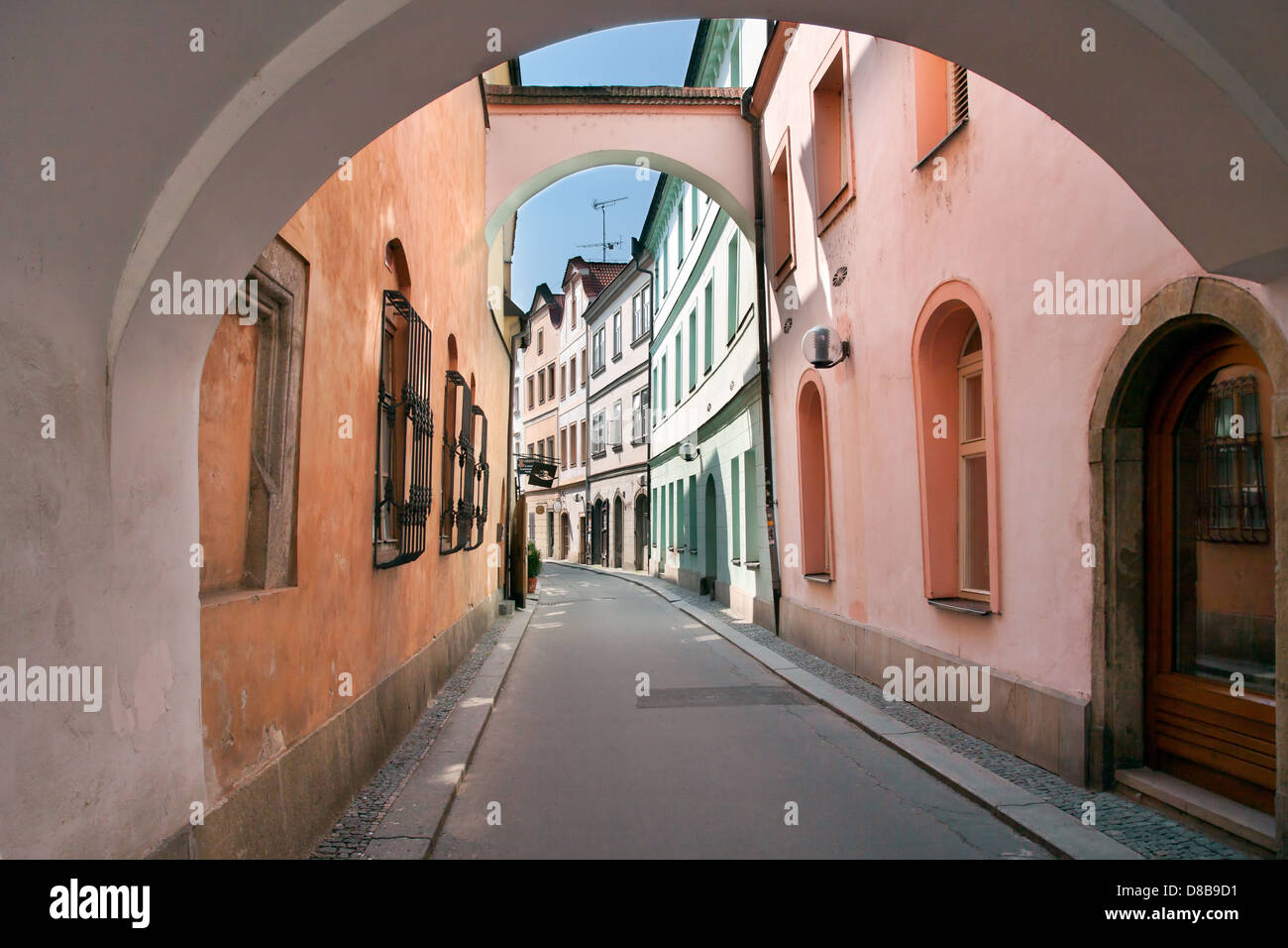 Pardubice, East Bohemia, Czech Republic. Old street near Pernstynske namesti (main square) under arches. Stock Photo