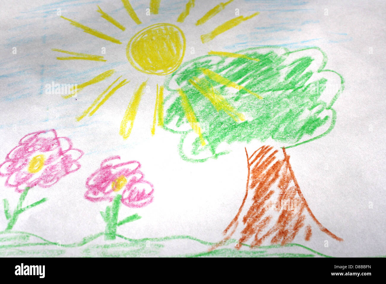 childs crayon drawing of tree sun and flowers Stock Photo Alamy