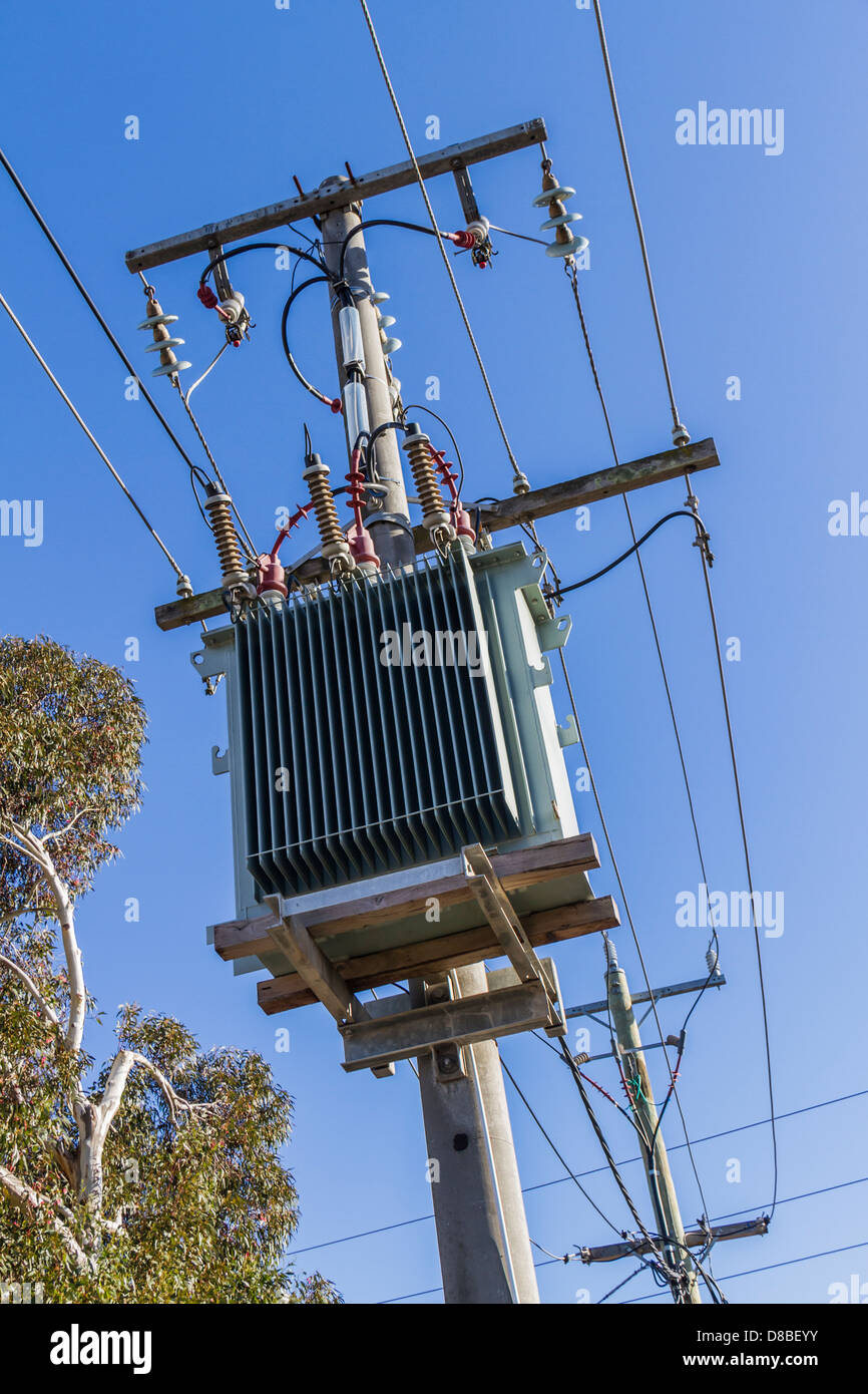 Three phase overhead electrical distribution poles and cables, Sunbury, Victoria, Australia Stock Photo