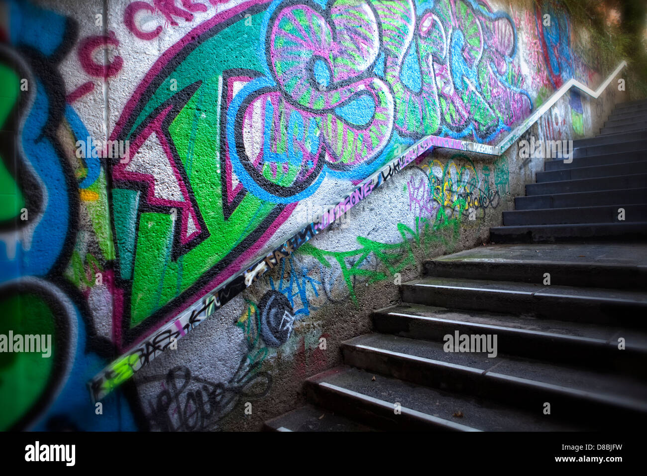 A dark staircase with graffiti, Germany, Europe Stock Photo