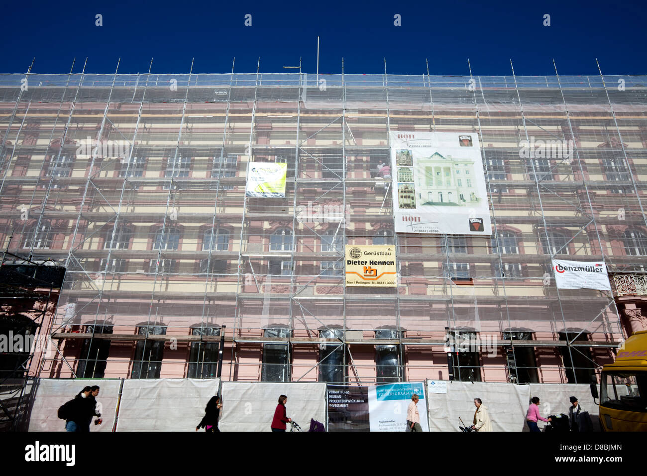 Building renovation, scaffolding, Georgsbrunnen fountain, Trier, Rhineland-Palatinate, Germany, Europe Stock Photo