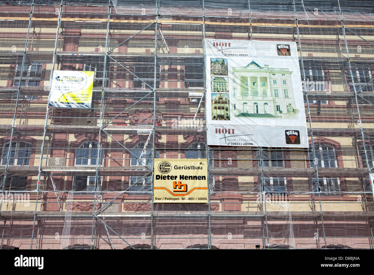 Building renovation, scaffolding, Georgsbrunnen fountain, Trier, Rhineland-Palatinate, Germany, Europe Stock Photo