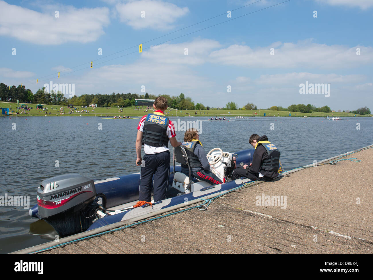 Safety boat at the National Masters Rowing Championship, Nottingham. Stock Photo