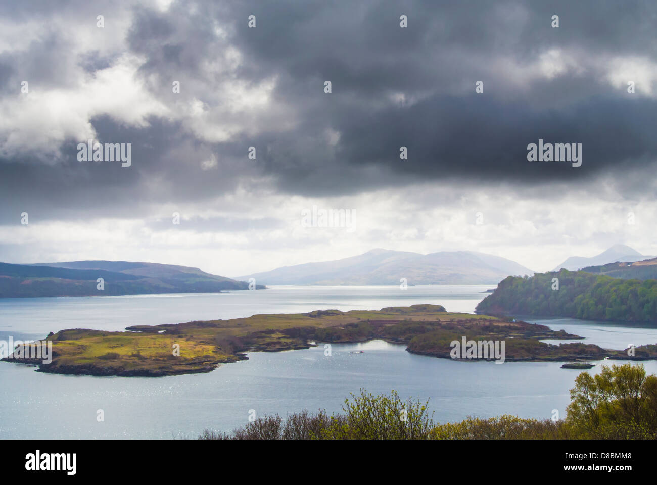 View from the Isle of Mull looking south east to Calve island on the sound of mull, Scotland Stock Photo