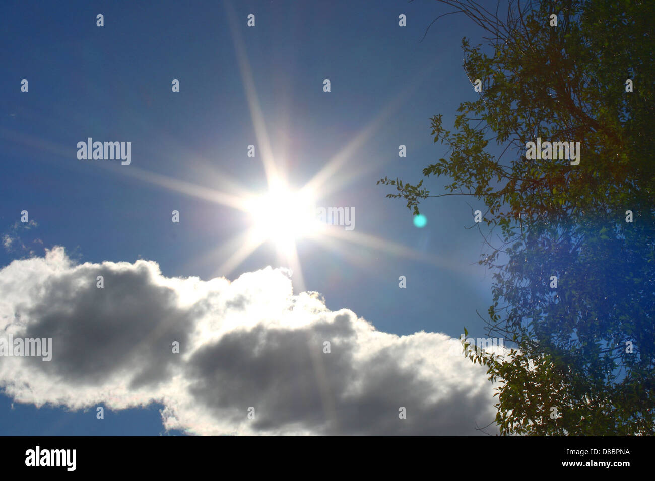 A bright sun shining in a clear blue sky with a few scattered clouds ...