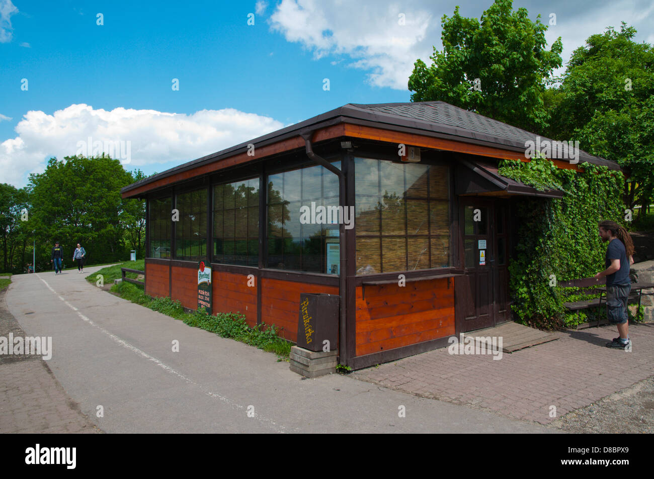 Cafe bar on top of Parukarka hill park Zizkov district Prague city