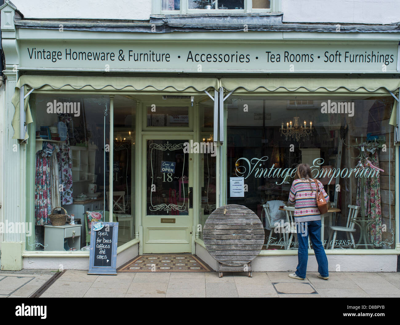 Ashburton, Devon, England. Town centre shop selling vintage goods with