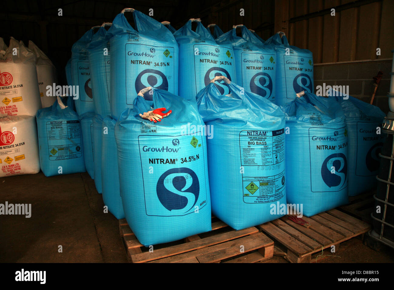 Nitram fertiliser bags stored in a barn Stock Photo