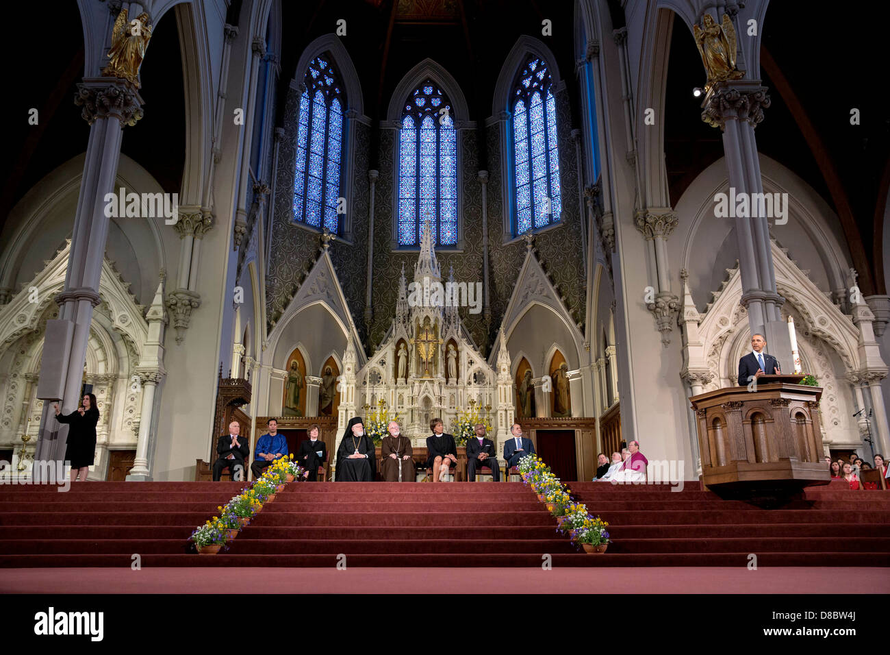 US President Barack Obama delivers remarks during an interfaith prayer service dedicated to the victims of the Boston Marathon bombings at the Cathedral of the Holy Cross April 18, 2013 in Boston, MA. Stock Photo