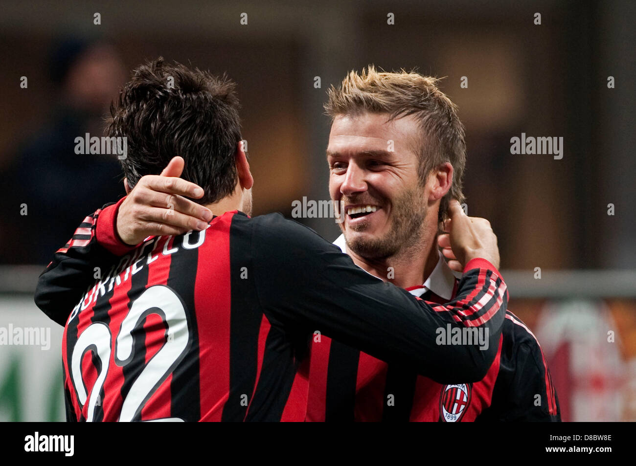 (FILE) David Beckham, 38, is due to retire at the end of the current football season after a glittering career. Beckham made 115 appearances for England and 394 for Manchester United and has also played for Real Madrid, Los Angeles Galaxy, AC Milan and Paris Saint Germain.  (L-R) Marco Borriello, David Beckham (Milan),  JANUARY 6, 2010 - Football :  Marco Borriello of Milan celebrates his goal during the Italian 'Serie A' match between AC Milan and Genoa at the San Siro stadium in Milan, Italy.  (Photo by Maurizio Borsari/AFLO) [0855] Stock Photo