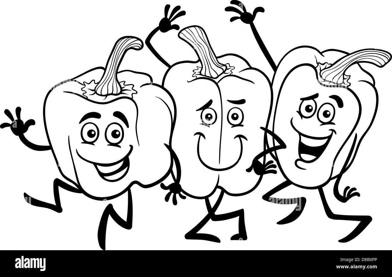 Black and White Cartoon Illustration of Three Funny Peppers Vegetables Food Characters Group for Coloring Book Stock Photo
