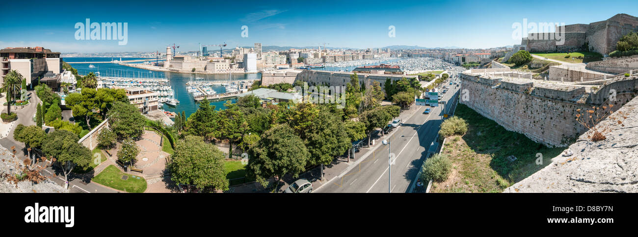 Scenic view of Marseille from height, France. Panorama of Marseilles with its harbor and variety of yachts, city road Stock Photo