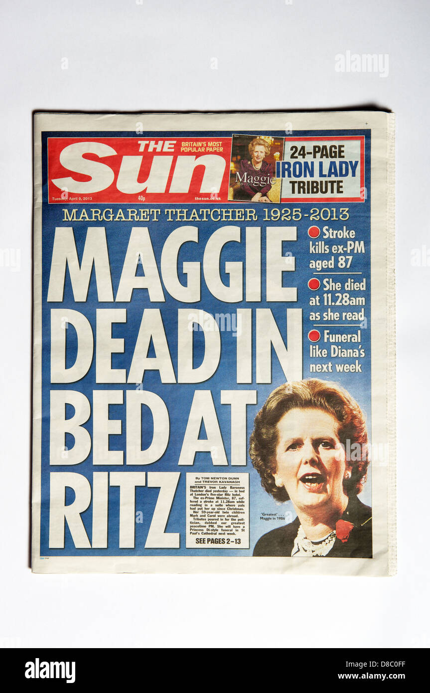 The Sun newspaper 09:04:13 with headline Maggie dead in bed at Ritz Stock Photo