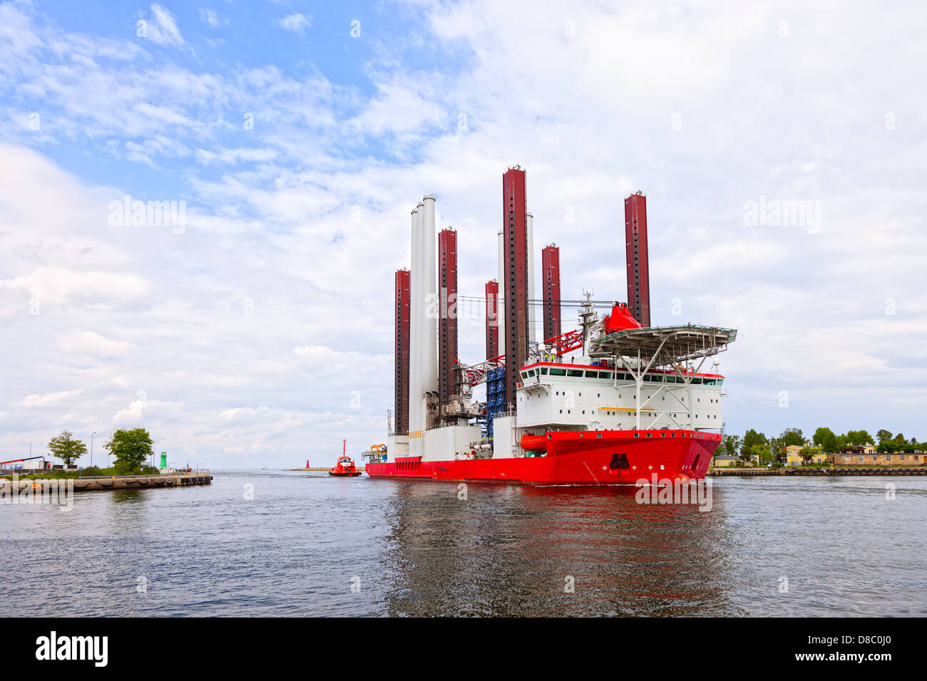 Specialist ship for the construction of wind turbine installation. Stock Photo