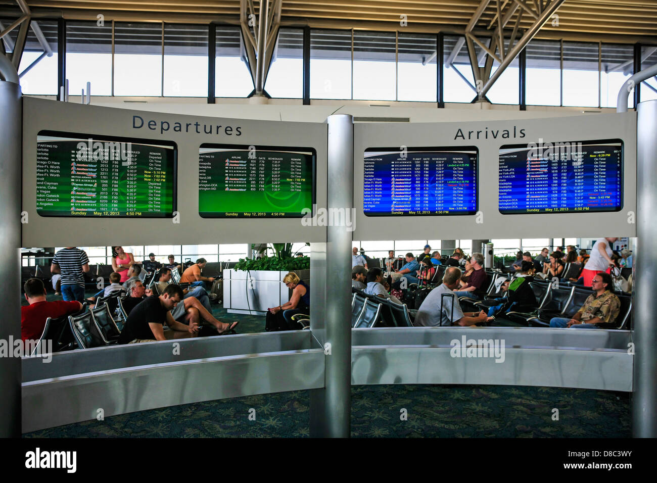 Departures and Arrivals board inside Tampa Airport Florida Stock Photo