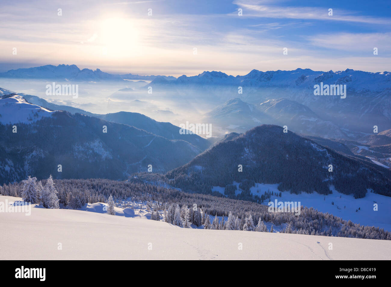 View above the Lammertal to the Dachstein Mountains, Austria Stock Photo