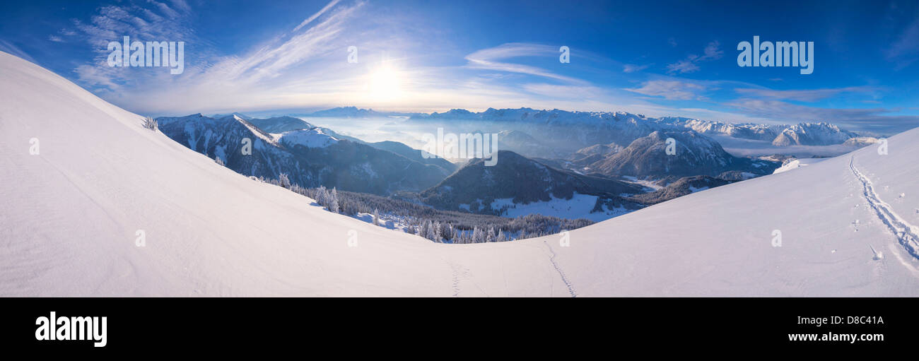 View above the Lammertal to the Dachstein Mountains, Austria Stock Photo