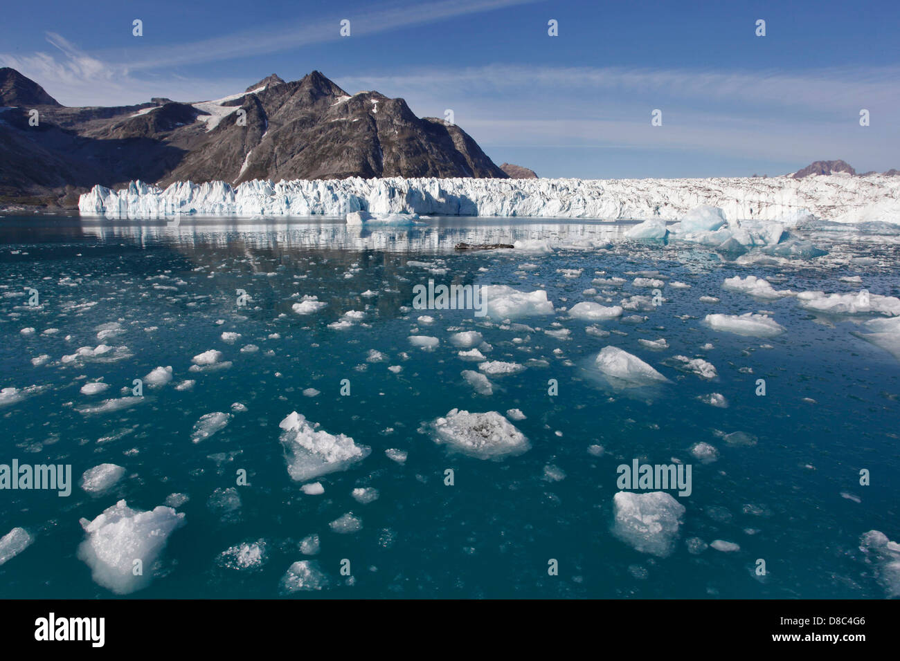 Knud Rasmussen glacier in a big fjord near Kulusuk, Greenland Stock Photo