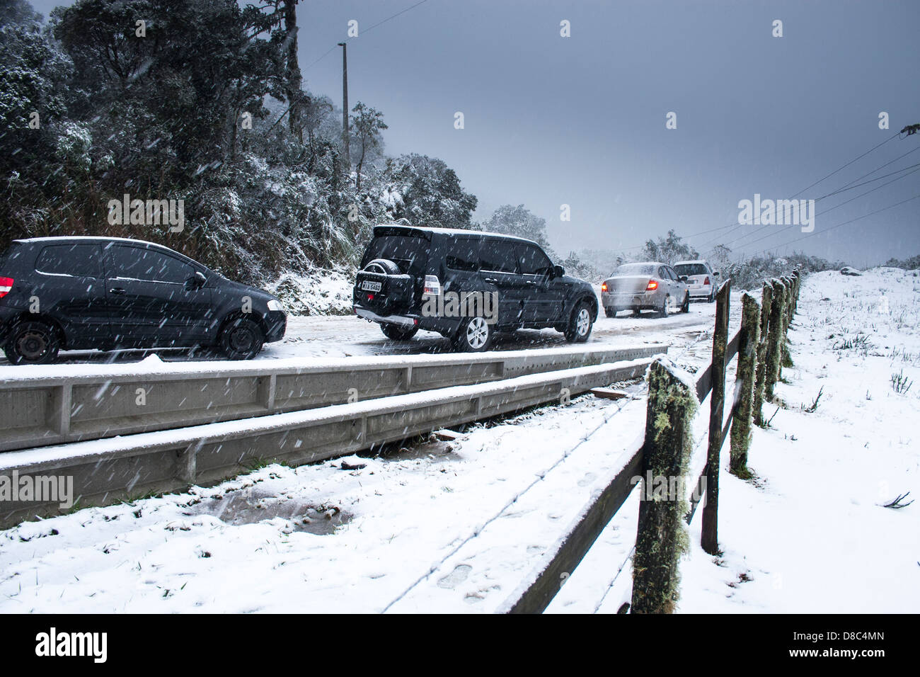 Road SC 430 covered by snow in southern Brazil. Stock Photo