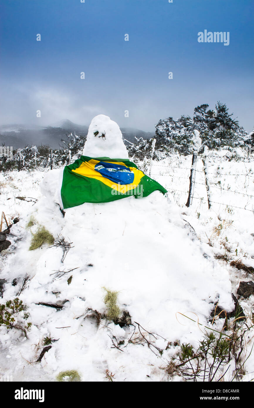Snowman covered by Brazilian flag in southern Brazil. Stock Photo