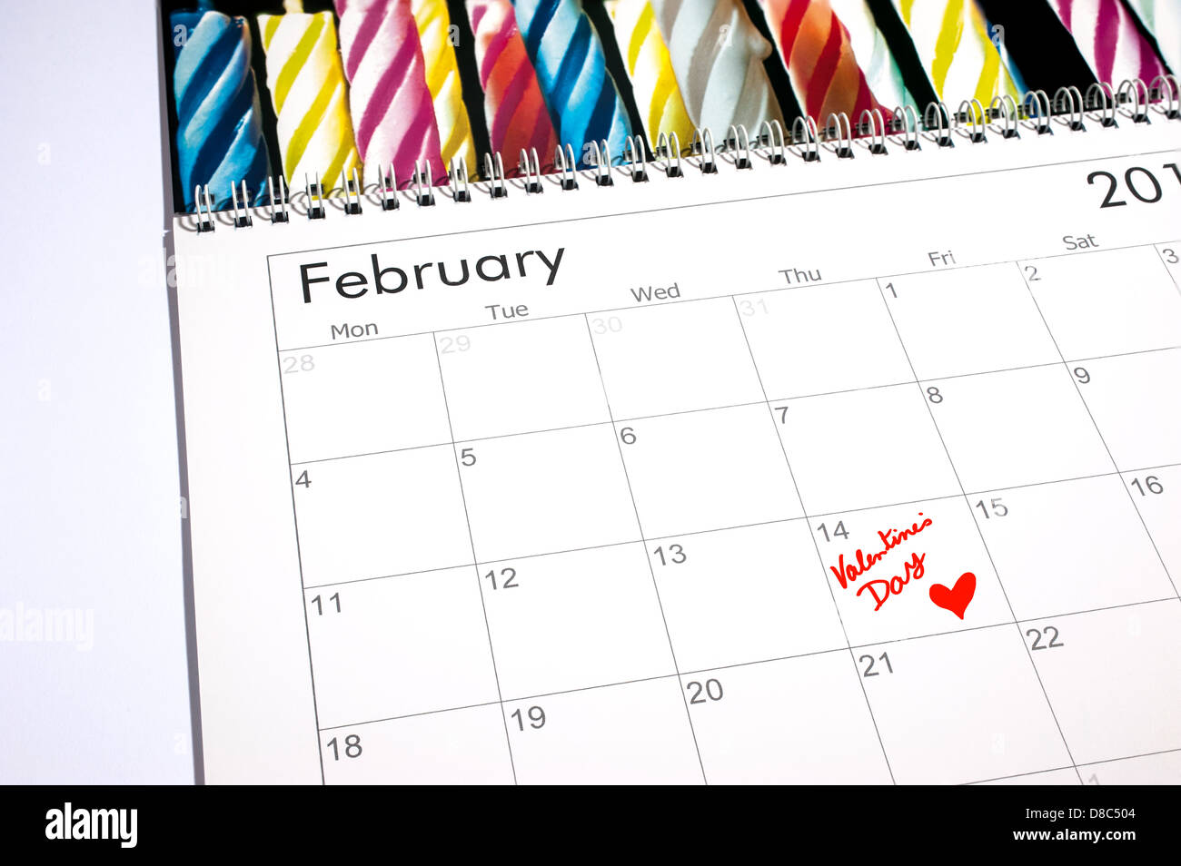 Calendar page for February ( 2013 ) with St. Valentines Day marked in red with a heart Stock Photo