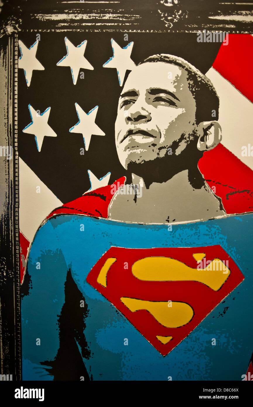 The poster 'Superman Obama' by the artist 'Mr. Brainwash' is pictured in the German Film Museum (Deutsches Filmmuseum) in Frankfurt/Main, Germany, 24 May 2013. From 26 May to 29 September 2013, the museum shows an exhibition about the heroes of different eras and cultures. Photo: NICOLAS ARMER Stock Photo