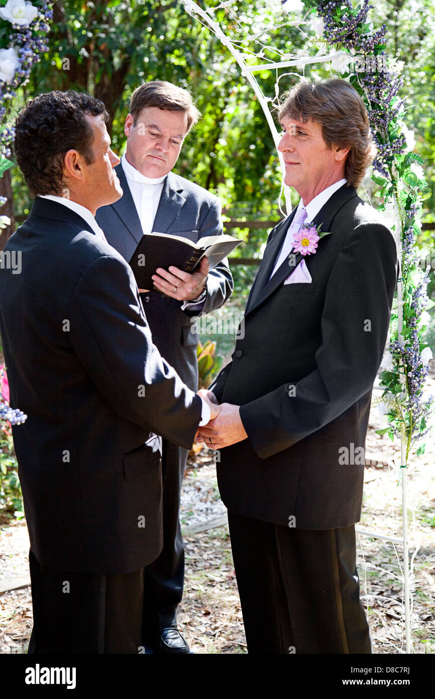 Handsome gay couple getting married outdoors in the park.  Stock Photo