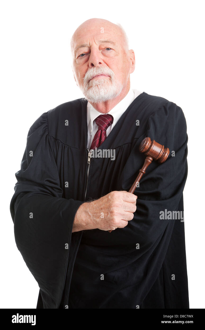 Stern judge holding his gavel, isolated on white.  Stock Photo