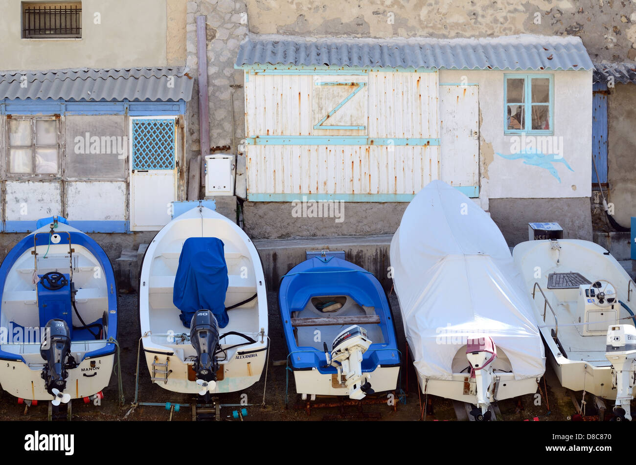 Blue Boats & Boat Sheds in Port or Creek of Anse de Malmousque Marseille Provence France Stock Photo