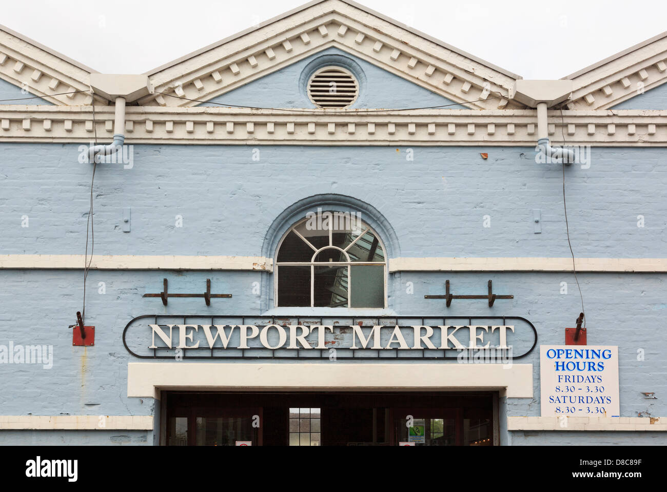 The old market hall sign in the town centre of Newport, Shropshire, West Midlands, England, UK, Great Britain, Europe Stock Photo