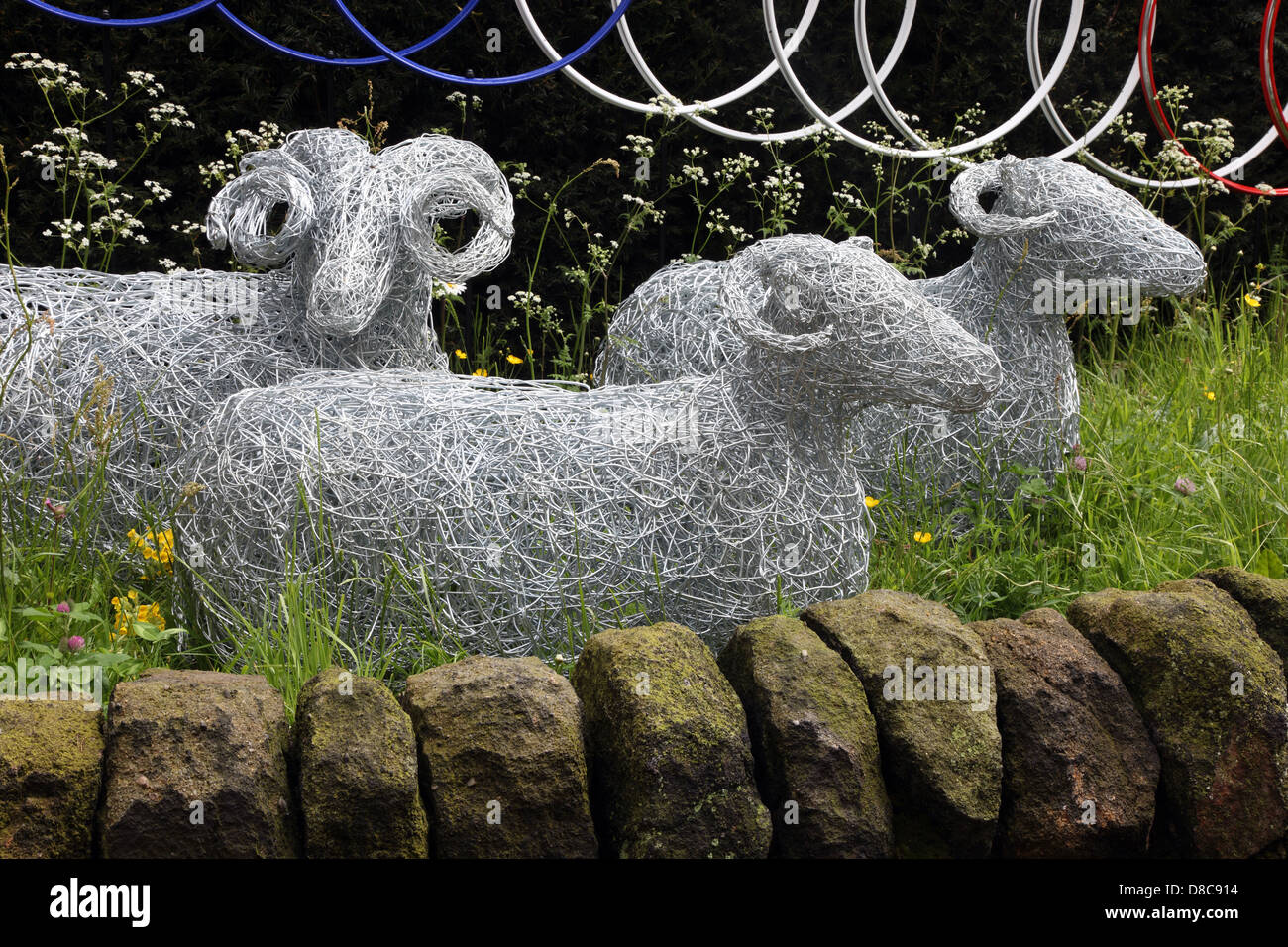 Wire sculpture sheep in Le Jardin Yorkshire, Artisan Garden at RHS Chelsea Flower Show 2013 Stock Photo
