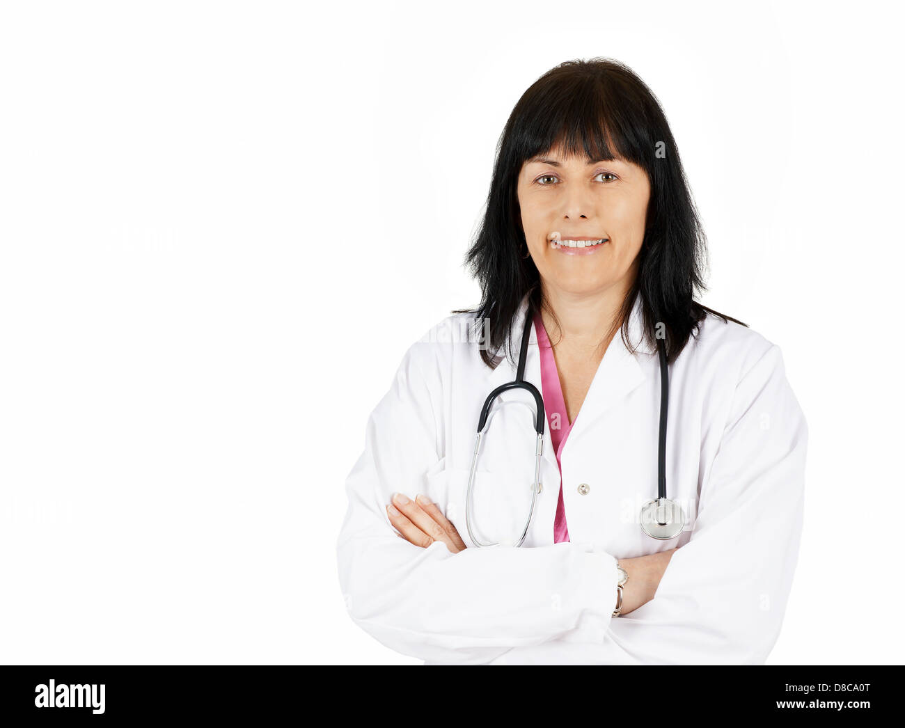 Friendly woman doctor smiling on white Stock Photo