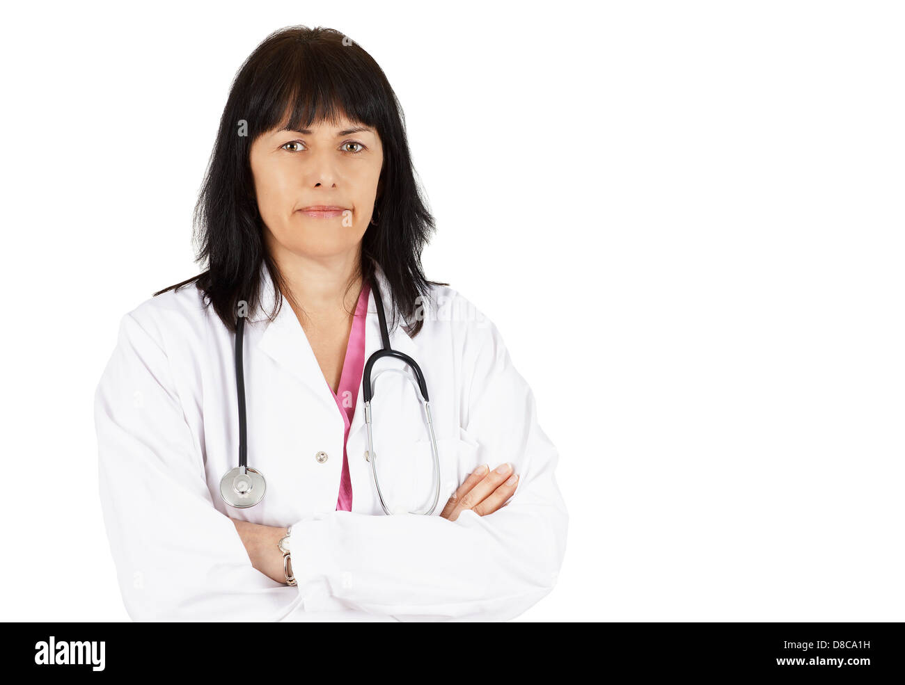 Friendly woman doctor looking at camera on white Stock Photo